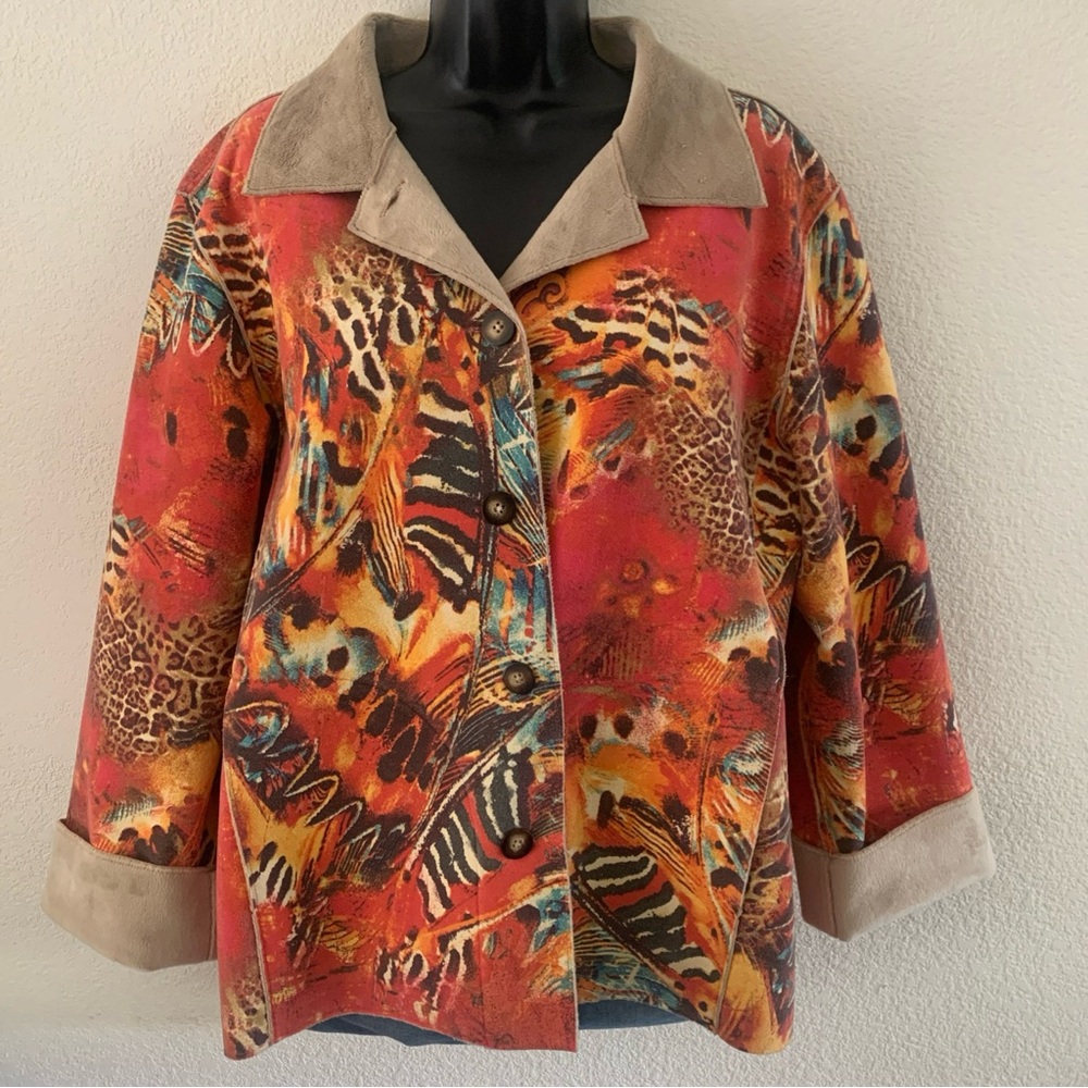 Chicos Jacket Sz 2 (L) 12/14 Orange Animal Print Soft Fur Suede Button Up Autumn